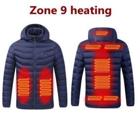 Men 9 Areas Heated Jacket USB Winter Outdoor Electric Heating Jackets Warm Sprots Thermal Coat Clothing Heatable Cotton jacket (Color: 9 Areas heated Blue, size: L)